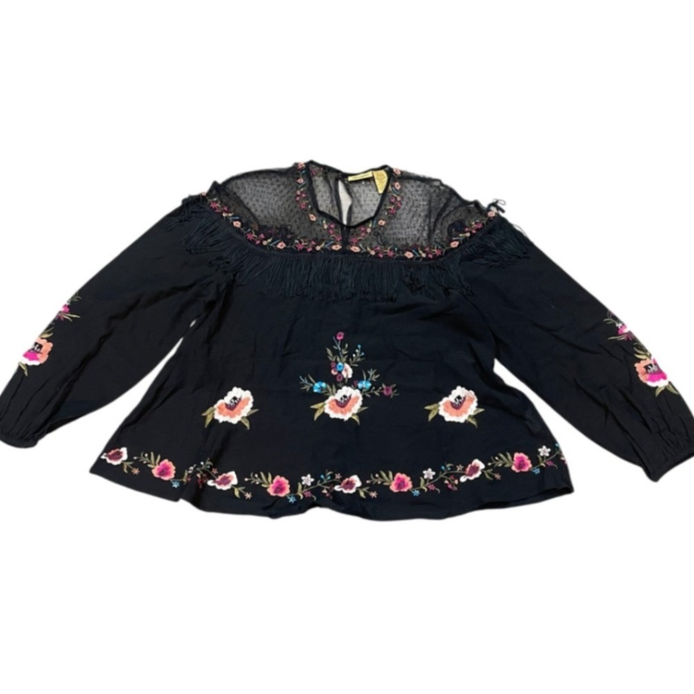 Wrangler Black Embroidered Fringe Floral Womens Top Western Rodeo Medium Whimsy